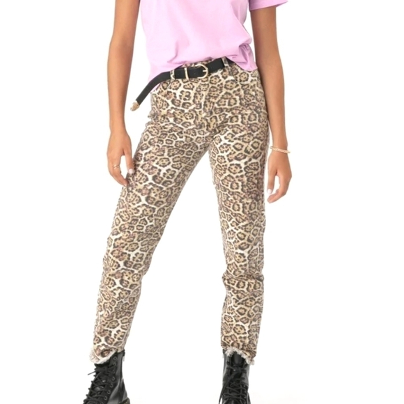 Adika Pia Straight Fit High Rise Jeans in Animal Print & Fringe Hem Sz L/30 NWT - Picture 1 of 11